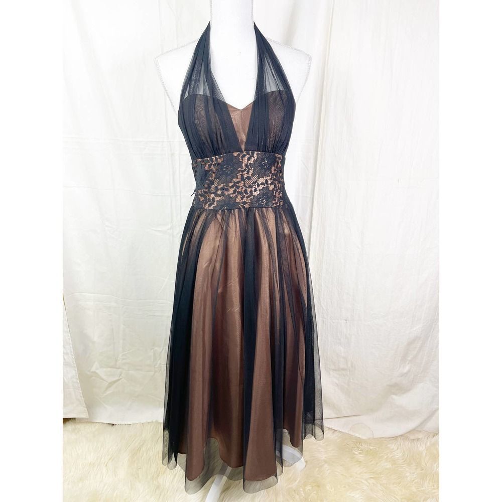 Vintage 90's Does 50's Bronze And Black Halter Dress - Full Skirt - Picture 1 of 7